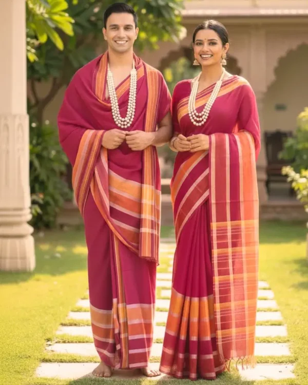 Pink Saree+ Dhoti-Dupatta Set