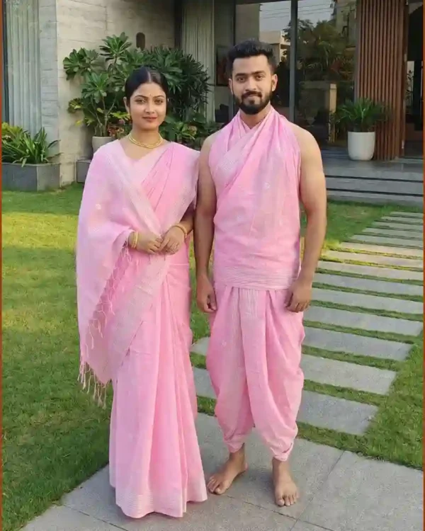 Chanderi Booti Saree+Dhoti Dupatta Set – Baby Pink Colour