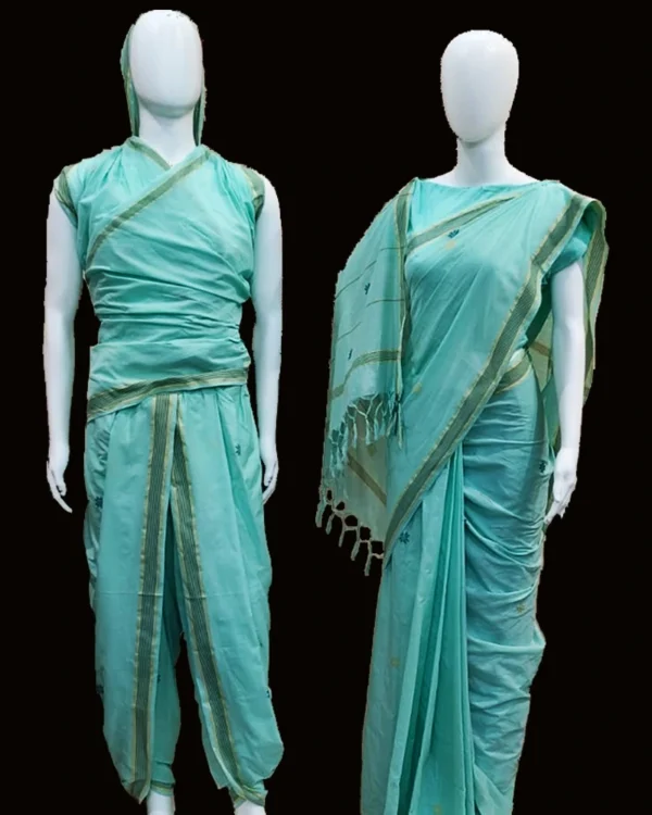 Chanderi Booti Saree+Dhoti Dupatta Set – Light Green Colour