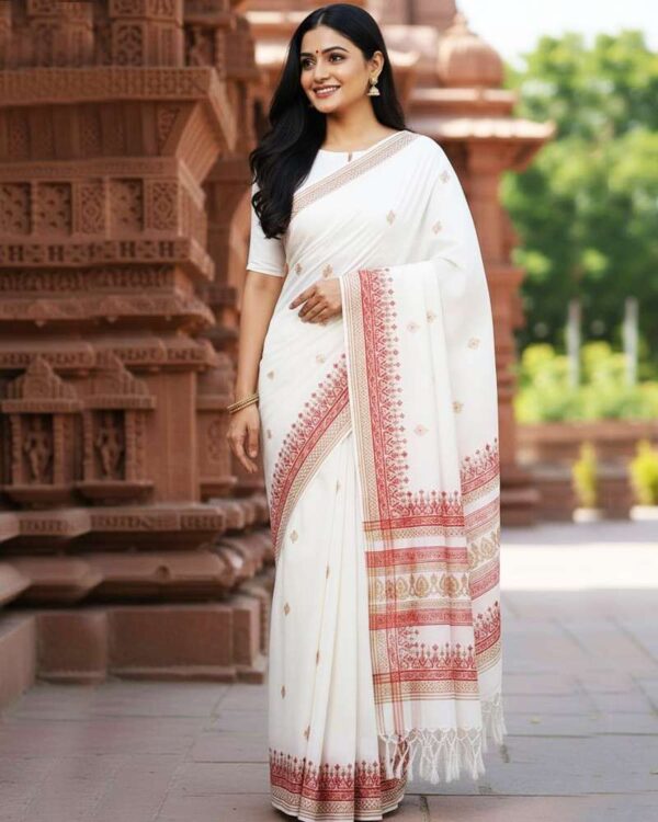 White Block Print Saree