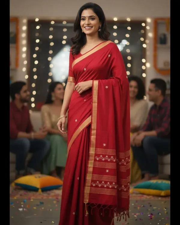 लाल सूती आरी साड़ी