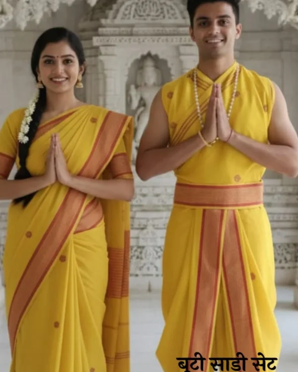 Chanderi Booti Saree+Dhoti Dupatta Set –Yellow