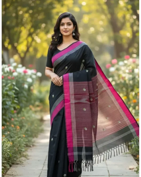 Black Cotton Booti Saree