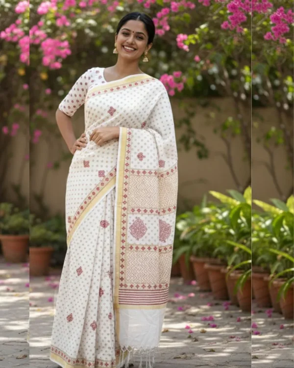 White Block Print Saree