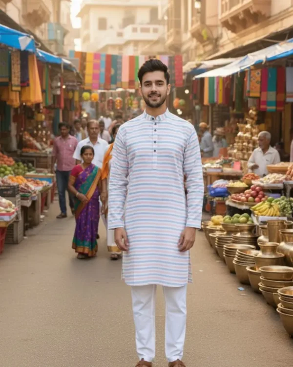 White+ pink blue line Kurta