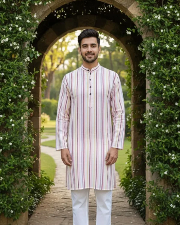 White+ pink yellow line Kurta