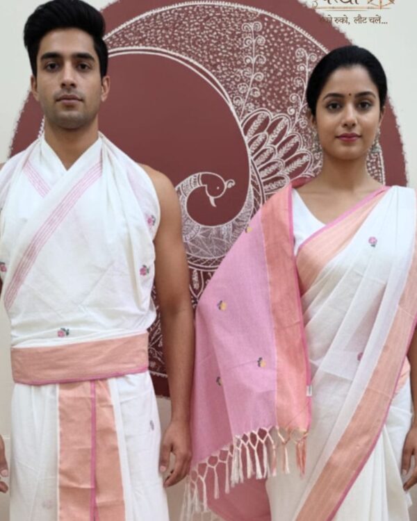 Chanderi Booti Saree+Dhoti Dupatta Set –Cream colour