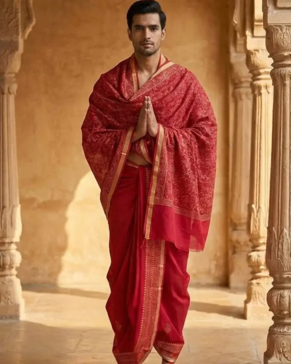 Red Block Print Dhoti Dupatta