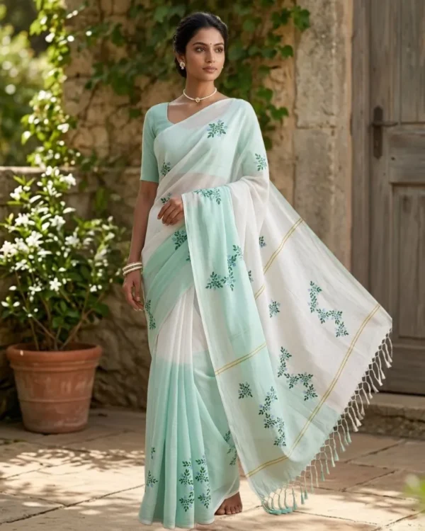 Mint Green & White Painting Saree
