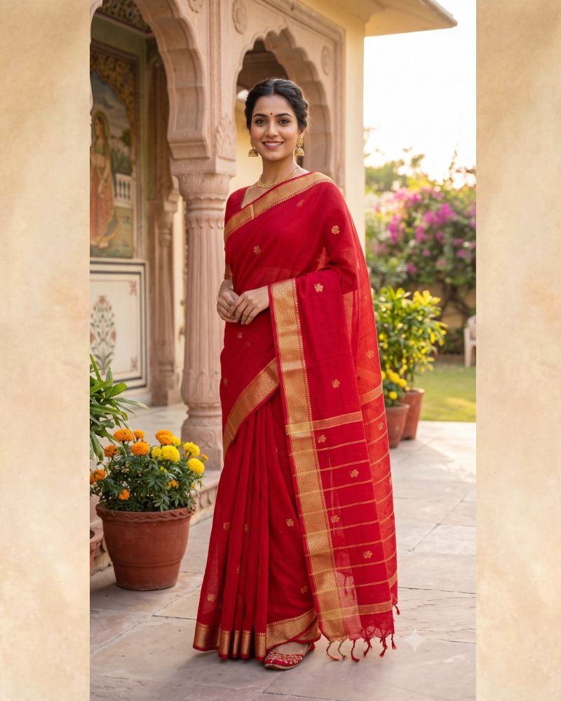 Red Zari dobby + Booti Saree